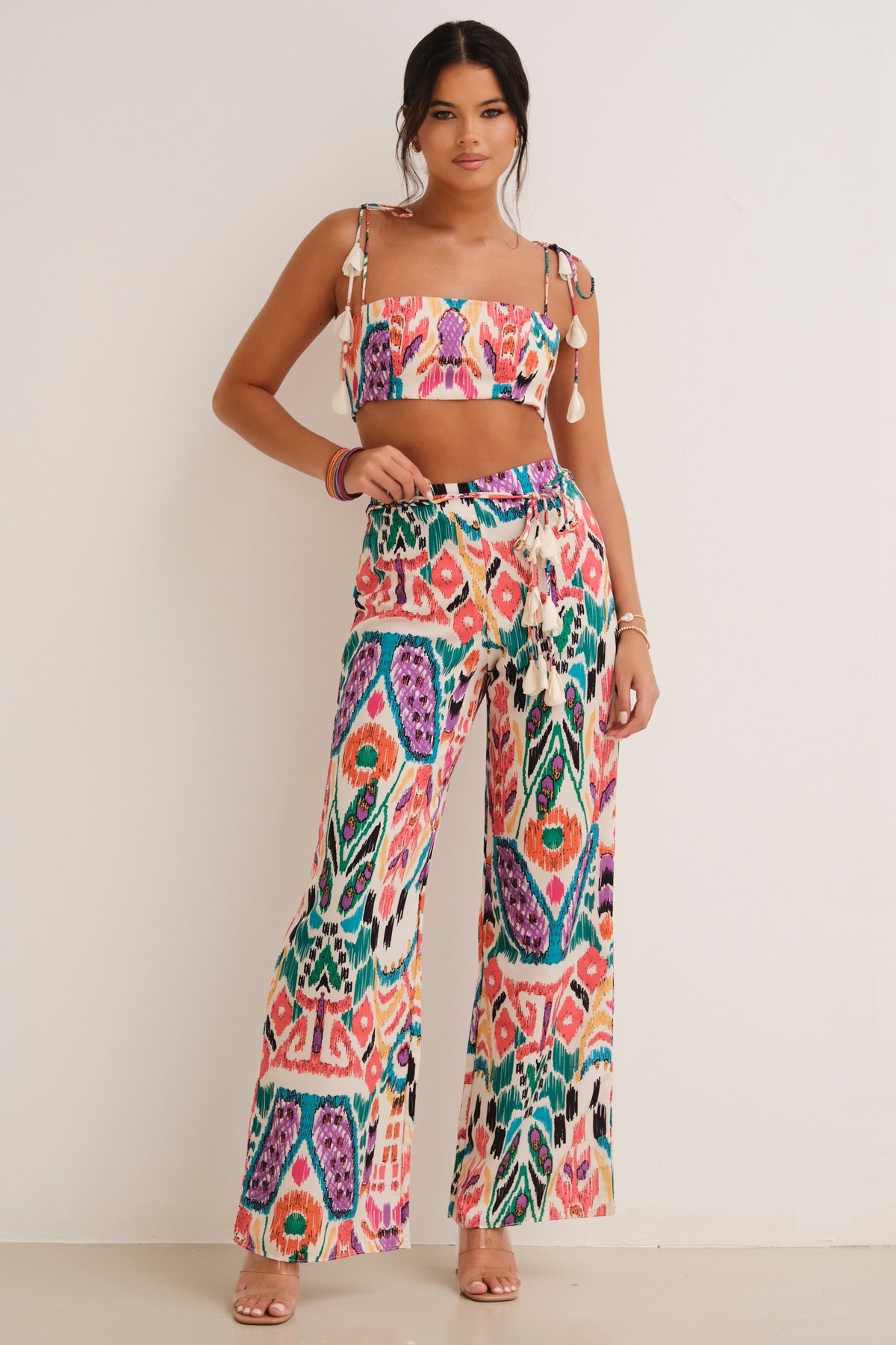 Patterned crop top and loose-fit trousers co-ord